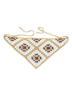 Crochet Triangle Bandana Scarf in Tan, Light Blue & Brown